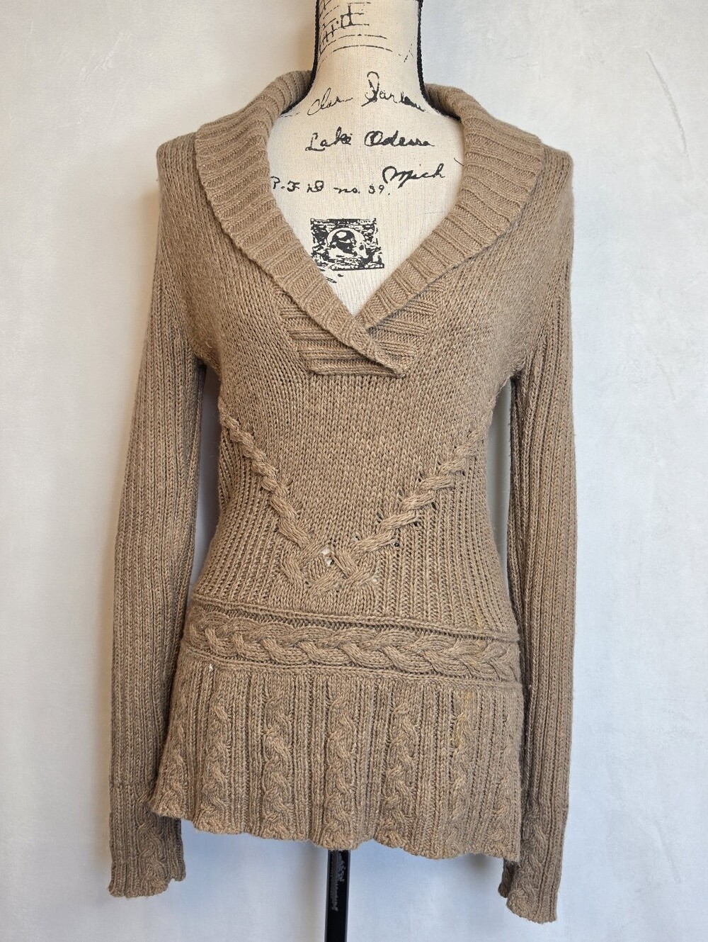 Old Navy Shawl Collar Cable Knit Tunic Sweater Tan S Wool Angora Blend Y2k